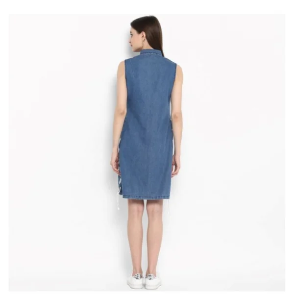Women's Denim Solid Sleeveless Above Knee Dress (Blue) - Image 7