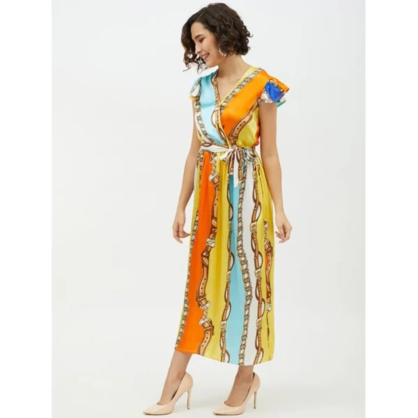 Women's Satin Chain Print Cap Sleeve Calf-length Dress (Multicolor) - Image 3