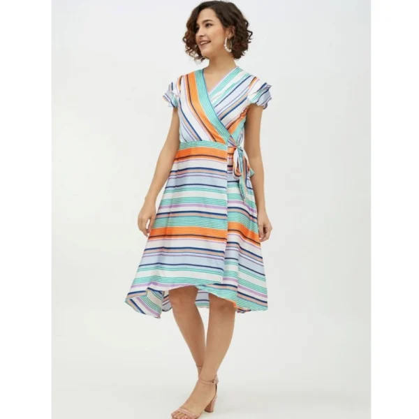 Generic Women's Satin Striped Short Sleeve Knee-Length Dress (Multicolor) - Image 3