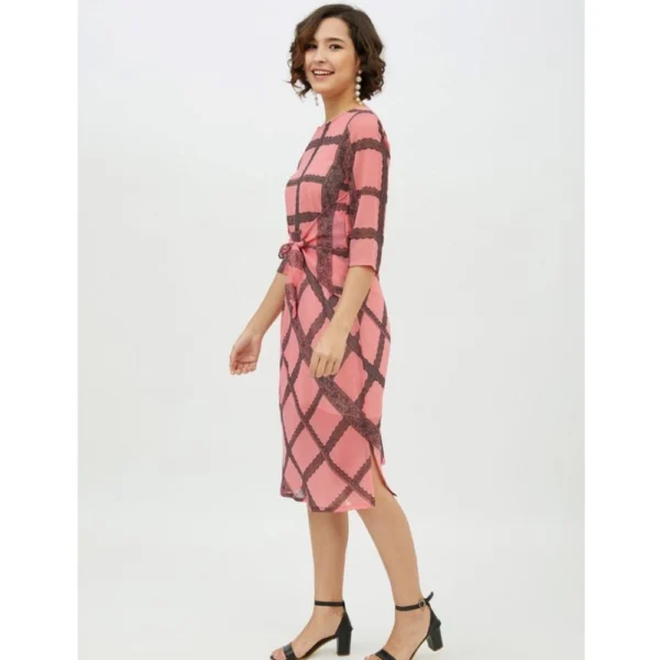 Generic Women's Polyester Checkered 3-4th Sleeves Below Knee Dress (Pink) - Image 3