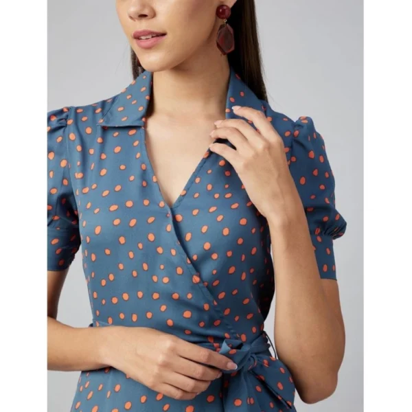 Generic Women's Polyester Polka Short Sleeve Above Knee Dress (Grey - Coral) - Image 2