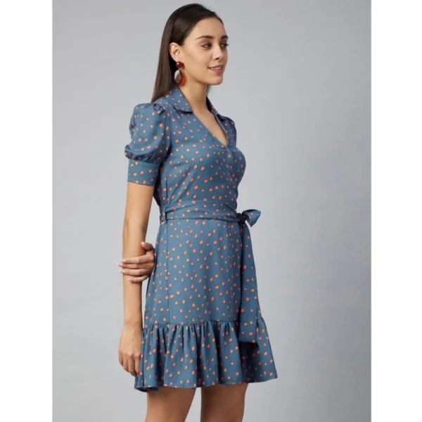 Generic Women's Polyester Polka Short Sleeve Above Knee Dress (Grey - Coral) - Image 3