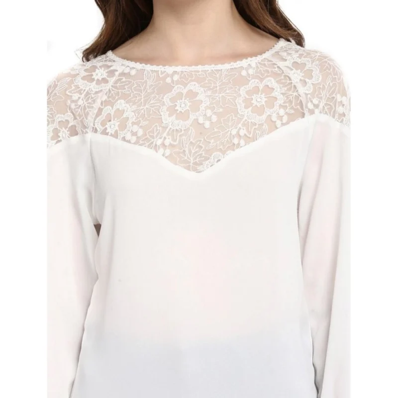 Alternative view of Women's Polyester Georgette Self Design 3-4th Sleeves Regular Top (White)
