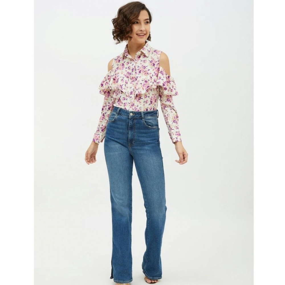 Women's Polyester Floral Cold Shoulder Standard Length Shirt (White) - Image 3