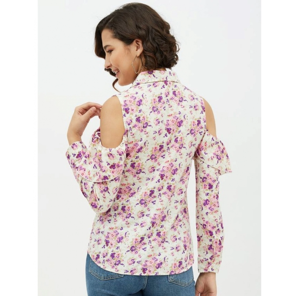 Women's Polyester Floral Cold Shoulder Standard Length Shirt (White) - Image 4