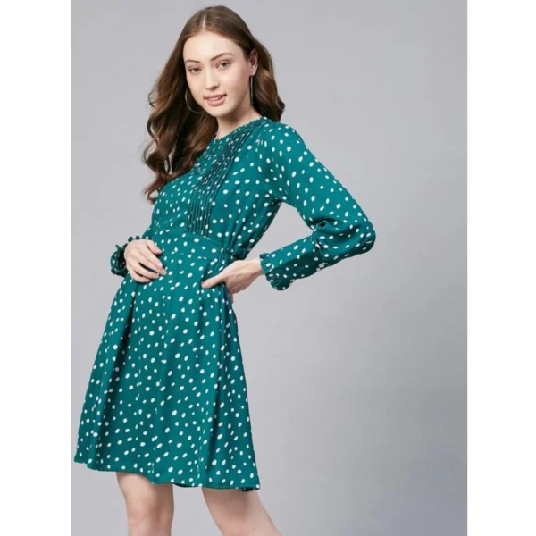 Generic Women's Polyester Polka Long Sleeves Above Knee Dress (Green - White) - Image 4