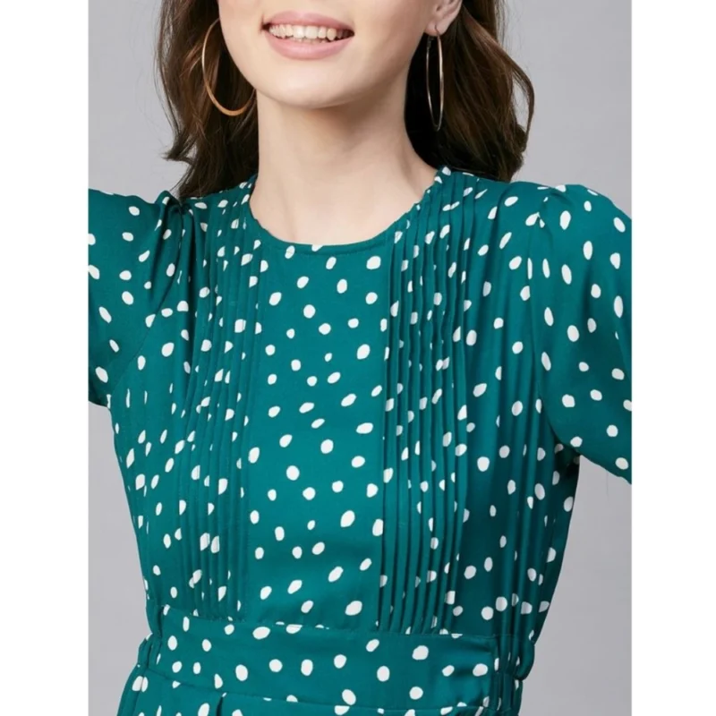 Alternative view of Women's Polyester Polka Long Sleeves Above Knee Dress (Green - White)