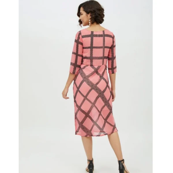 Generic Women's Polyester Checkered 3-4th Sleeves Below Knee Dress (Pink) - Image 7