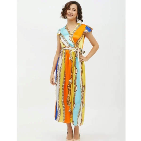 Women's Satin Chain Print Cap Sleeve Calf-length Dress (Multicolor) - Image 6
