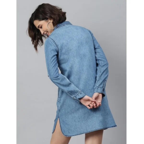 Generic Women's Denim Solid Long Sleeves Above Knee Dress (Ice Blue) - Image 6