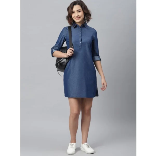 Generic Women's Denim Solid Long Sleeves Above Knee Dress (Navy Blue) - Image 5