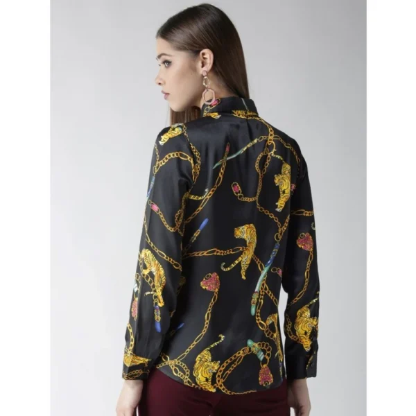 Women's Satin Printed Long Sleeves Standard Length Shirt (Black - Gold) - Image 6