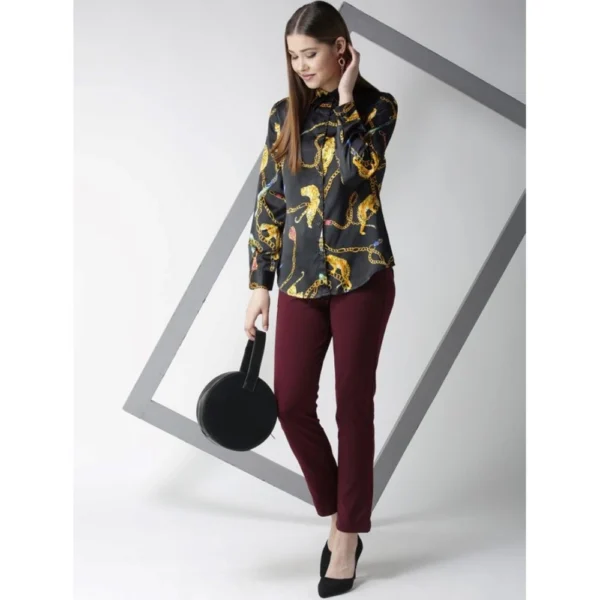Women's Satin Printed Long Sleeves Standard Length Shirt (Black - Gold) - Image 5