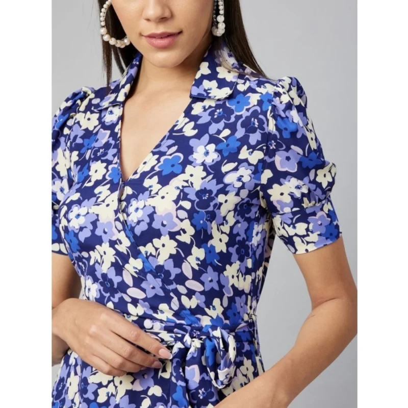 Alternative view of Women's Polyester Floral Short Sleeve Above Knee Dress (Blue - Purple)