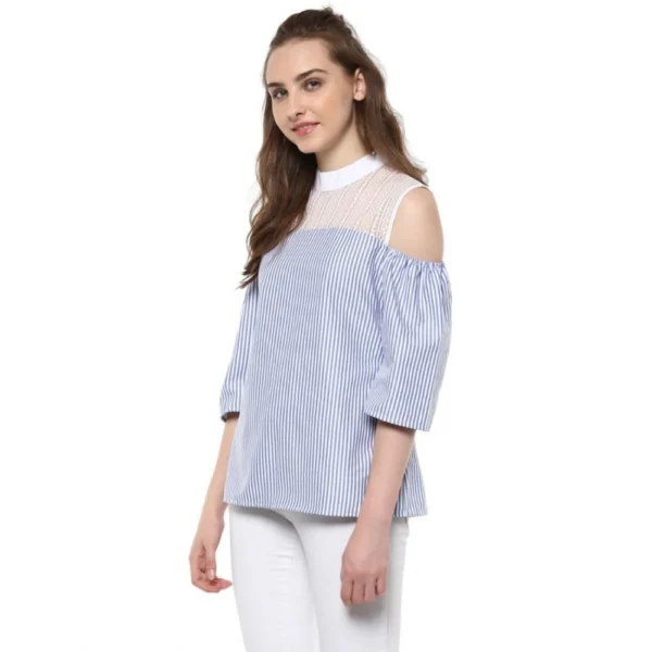 Generic Women's Cotton Striped Cold Shoulder Top (Blue) - Image 3
