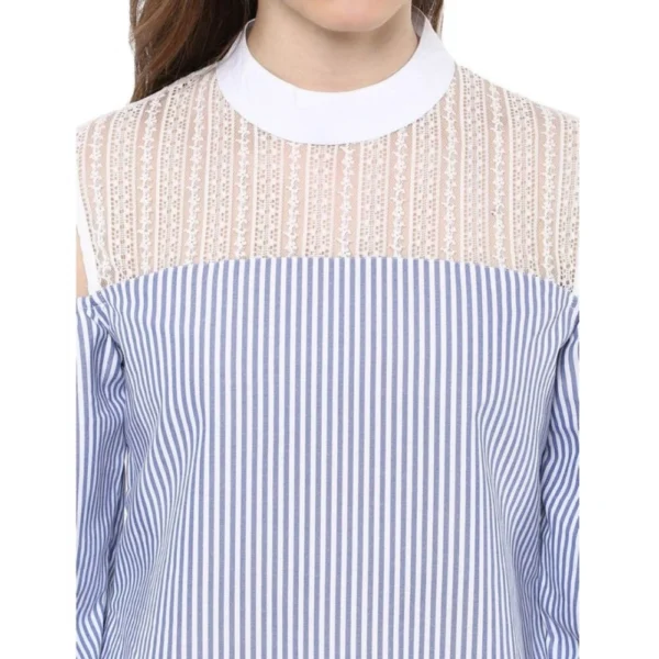 Generic Women's Cotton Striped Cold Shoulder Top (Blue) - Image 2