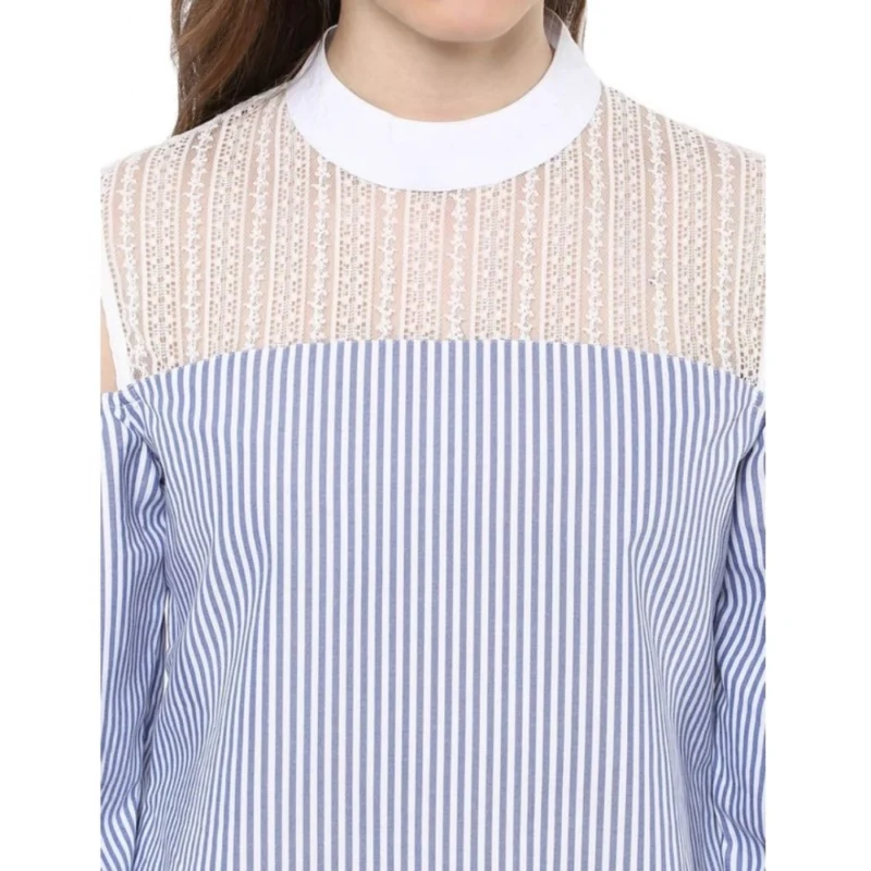 Alternative view of Women's Cotton Striped Cold Shoulder Top (Blue)