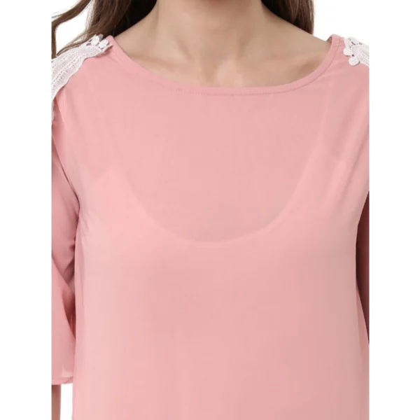 Generic Women's Polyester Lace Inserts Half Sleeve Top (Pink) - Image 2