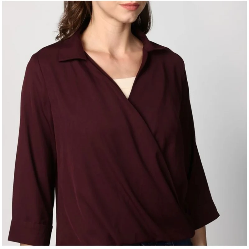 Alternative view of Women's Polyester Solid 3-4th Sleeves Top (Maroon)