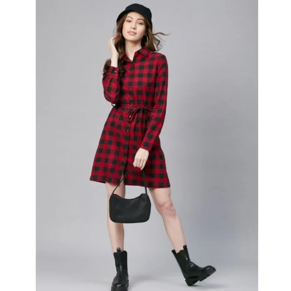 Generic Women's Cotton Checkered Long Sleeves Above Knee Dress (Red - Black) - Image 6