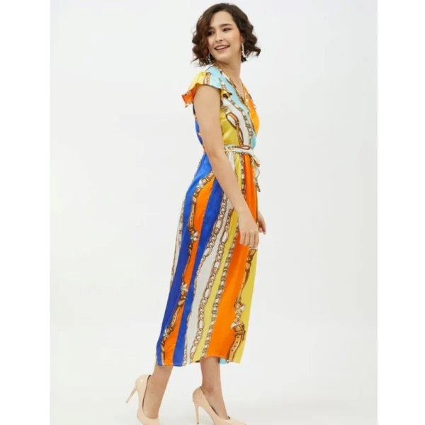 Women's Satin Chain Print Cap Sleeve Calf-length Dress (Multicolor) - Image 5