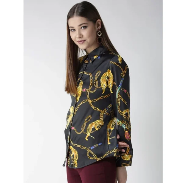 Women's Satin Printed Long Sleeves Standard Length Shirt (Black - Gold) - Image 3