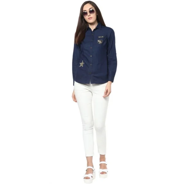 Women's Denim Patch Work Long Sleeves Standard Length Shirt (Blue) - Image 6