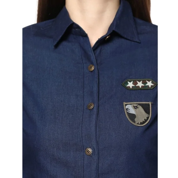 Women's Denim Patch Work Long Sleeves Standard Length Shirt (Blue) - Image 2