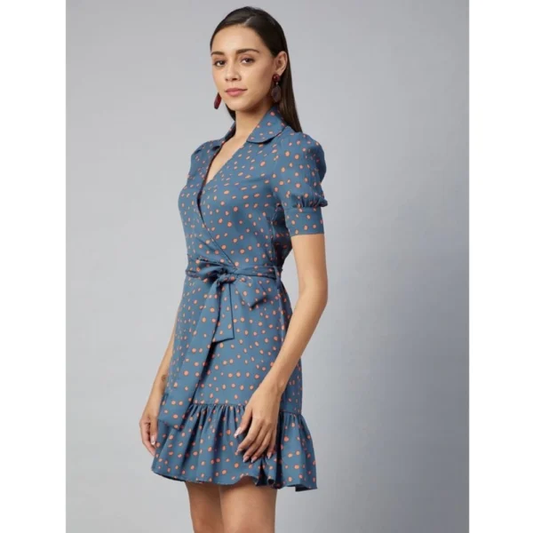 Generic Women's Polyester Polka Short Sleeve Above Knee Dress (Grey - Coral) - Image 4