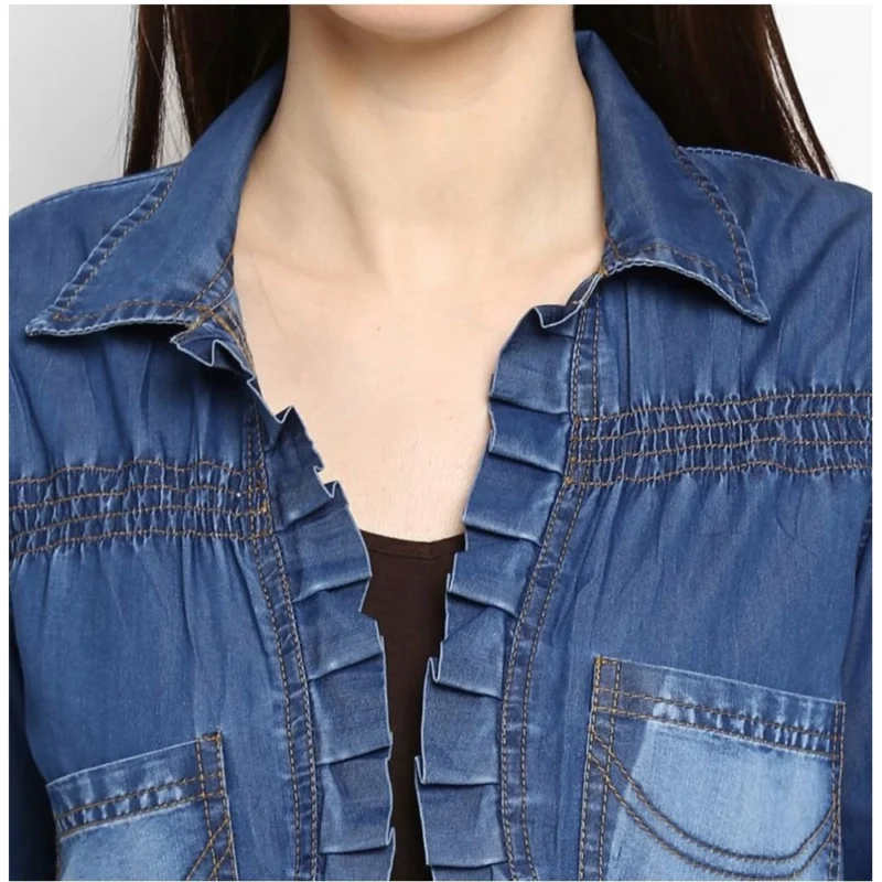 Alternative view of Women's Denim Pleated 3-4th Sleeves Shrug (Blue)