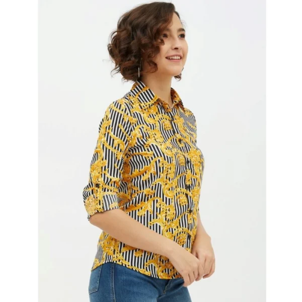 Generic Women's Polyester Printed Roll Up Sleeve Standard Length Shirt (Mustared) - Image 4
