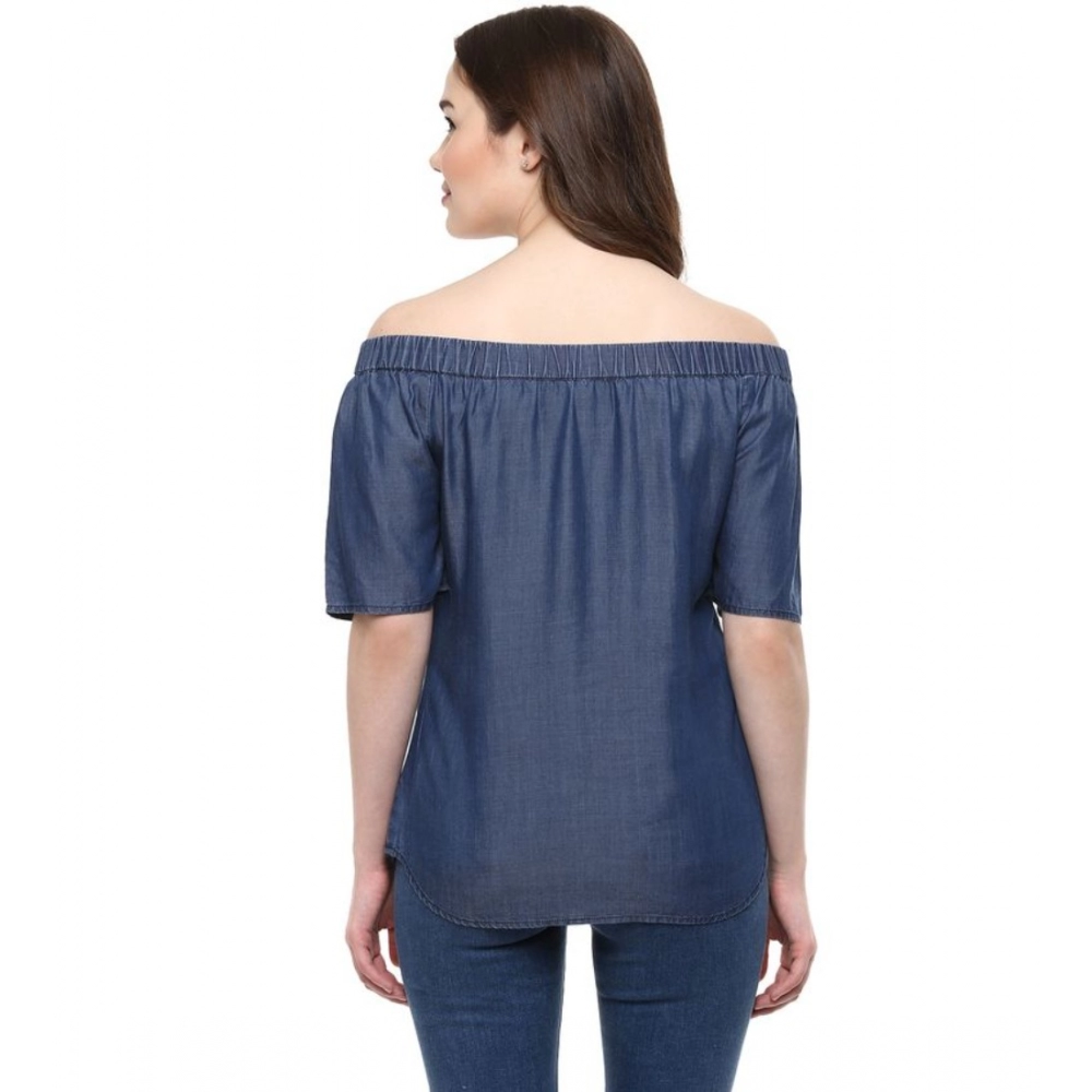 Women's Denim Solid Short Sleeve Regular Top (Blue) - Image 5