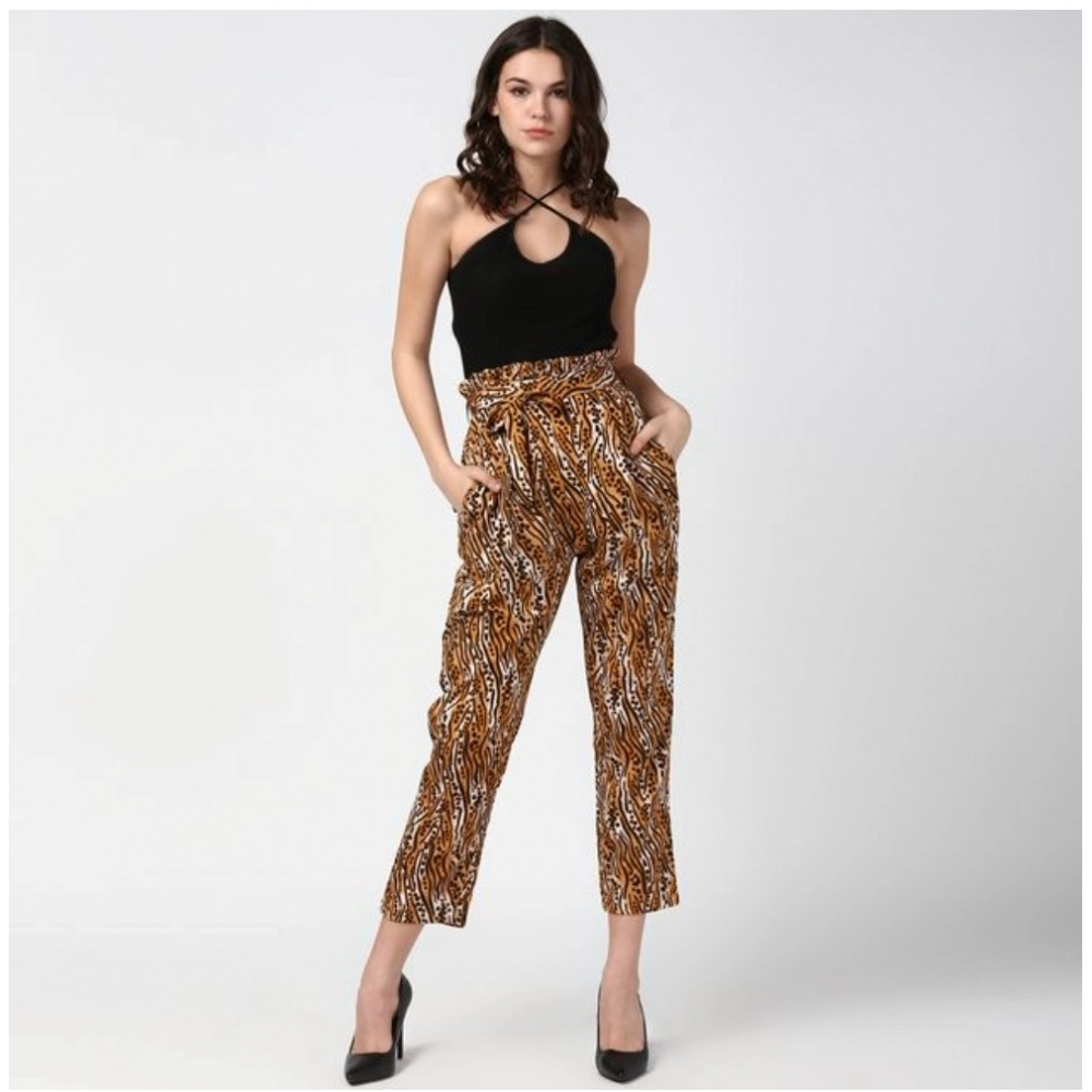 Women's Polyester Animal Print Elasticated Trousers (Orange - Black) - Image 3