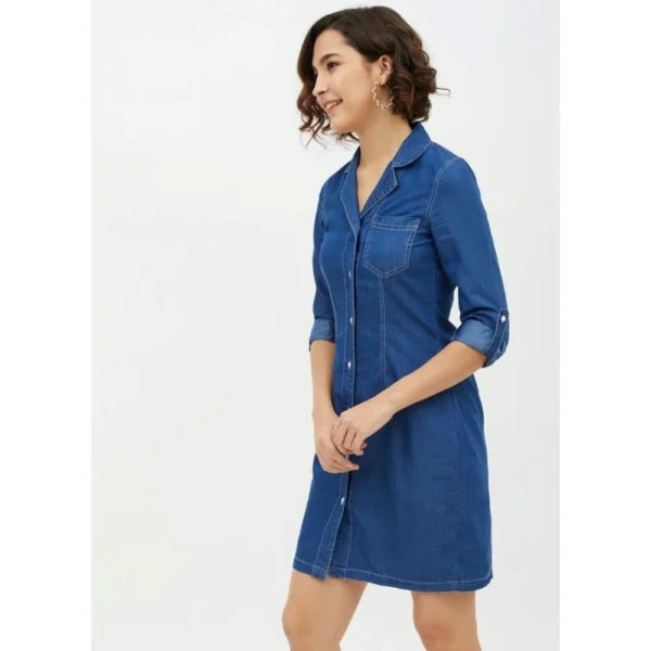 Generic Women's Denim Solid Long Sleeves Above Knee Dress (Blue) - Image 3