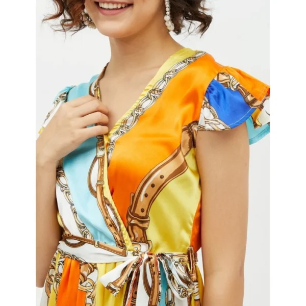 Women's Satin Chain Print Cap Sleeve Calf-length Dress (Multicolor) - Image 2