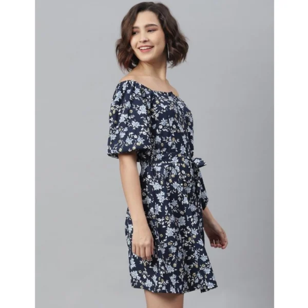 Generic Women's Polyester Off Shoulder Half Sleeve Above Knee Dress (Blue) - Image 2