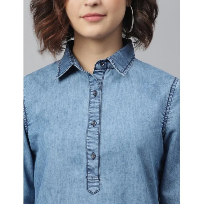 Alternative view of Women's Denim Solid Long Sleeves Above Knee Dress (Ice Blue)