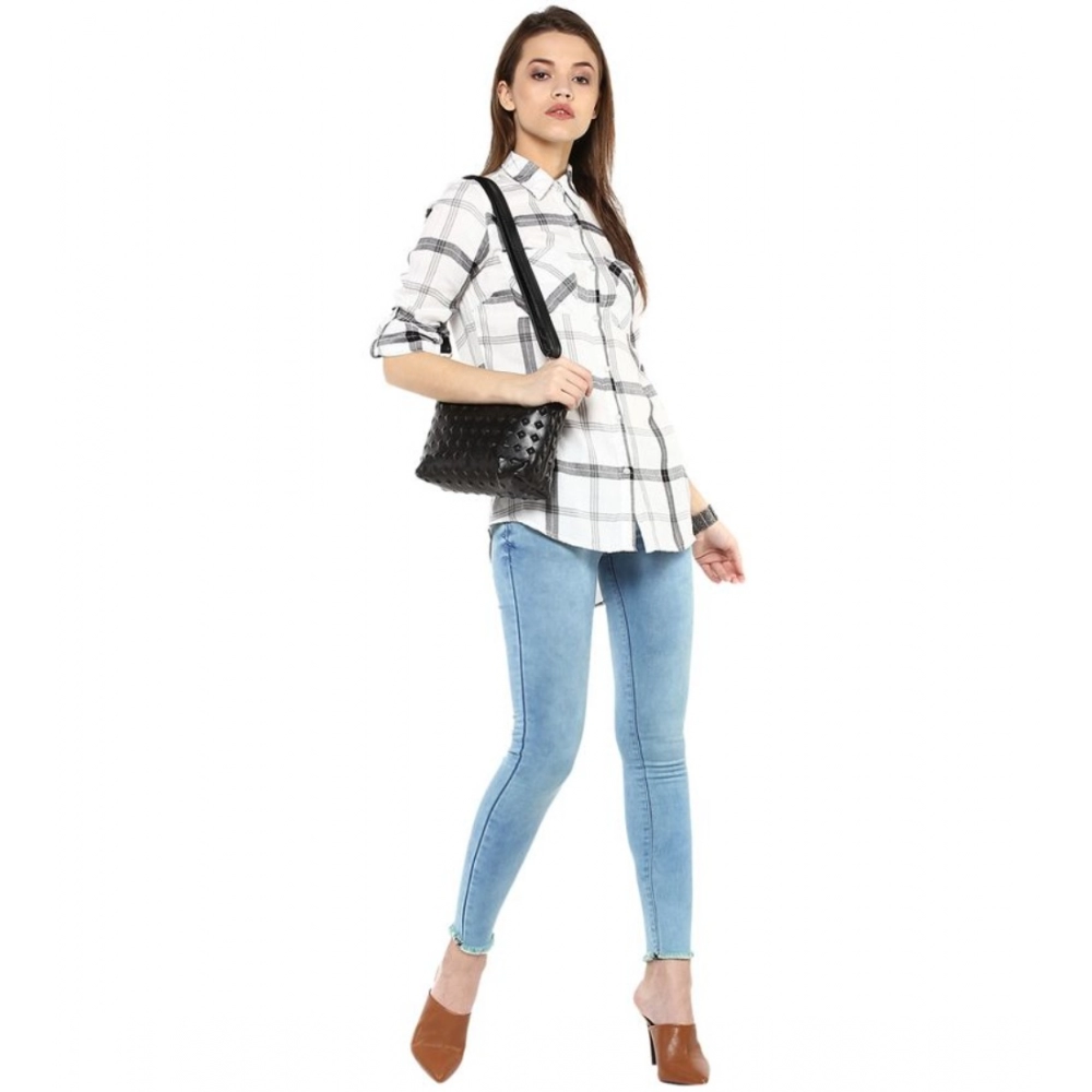 Women's Rayon Checkered Long Sleeves Standard Length Shirt (Black - White) - Image 6