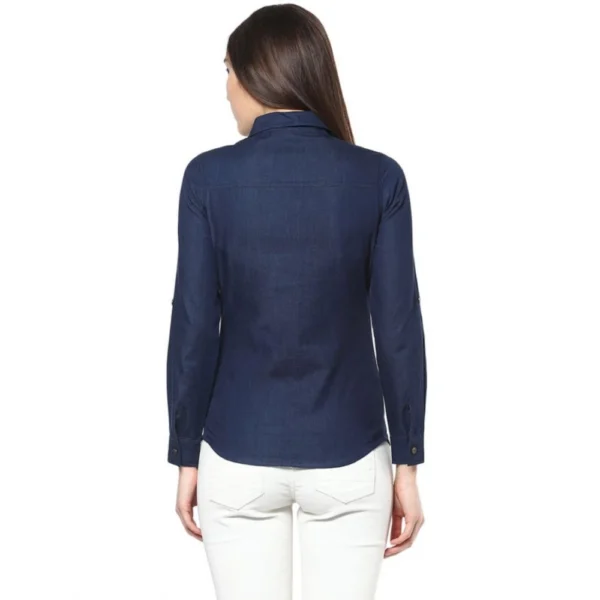 Women's Denim Patch Work Long Sleeves Standard Length Shirt (Blue) - Image 7