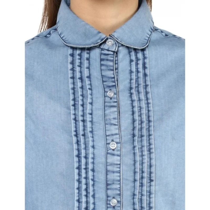 Alternative view of Women's Denim Solid 3-4th Sleeves Standard Length Shirt (Blue)