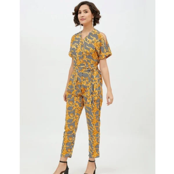 Generic Women's Polyester Printed Half Sleeve Long Jumpsuit (Yellow) - Image 3