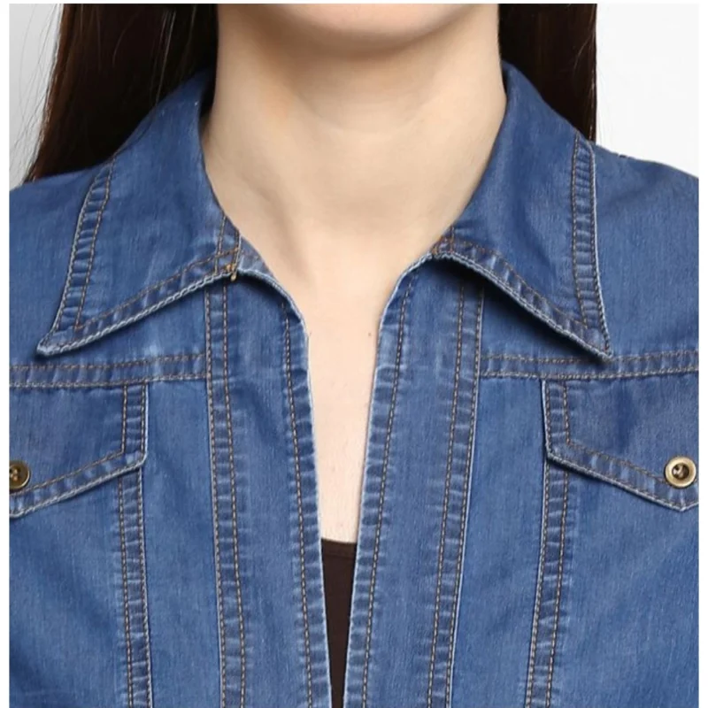 Alternative view of Women's Denim Solid 3-4th Sleeves Shrug (Blue)