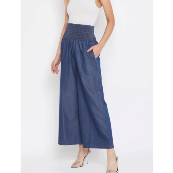 Generic Women's Denim Solid Smocked Trousers (Navy Blue) - Image 3