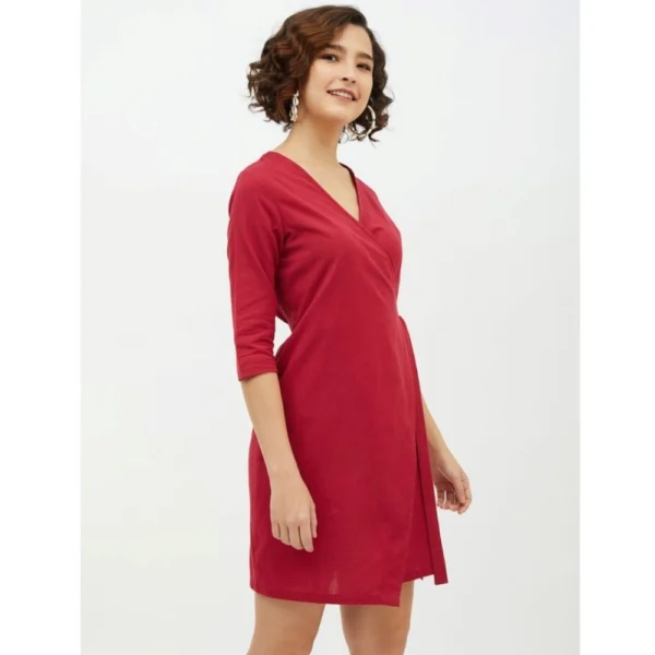 Generic Women's Cotton Wrap 3-4th Sleeves Above Knee Dress (Maroon) - Image 4