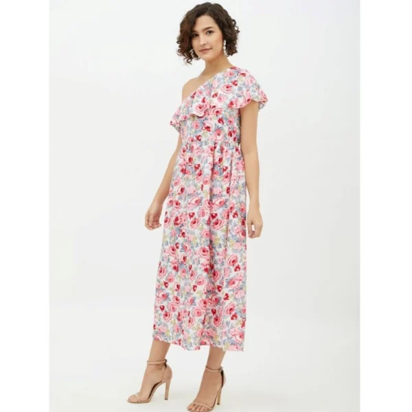 Generic Women's Polyester Floral One Shoulder Calf-length Dress (Multicolor) - Image 3