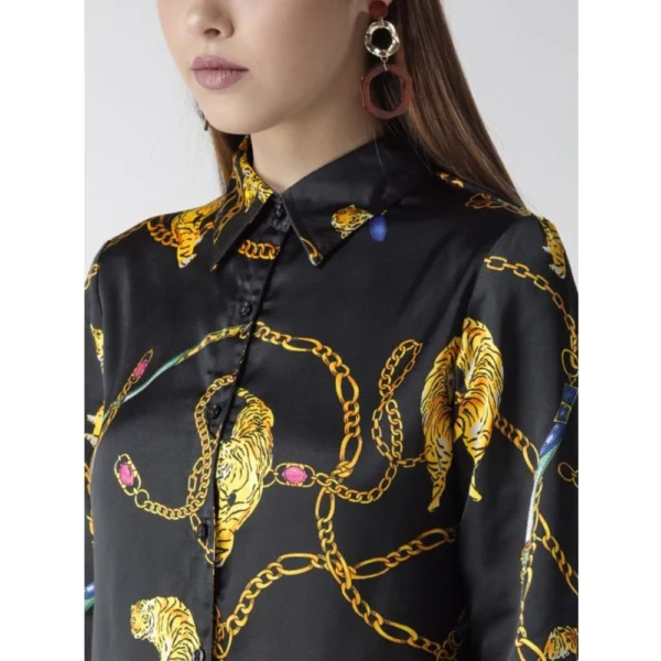 Women's Satin Printed Long Sleeves Standard Length Shirt (Black - Gold) - Image 2