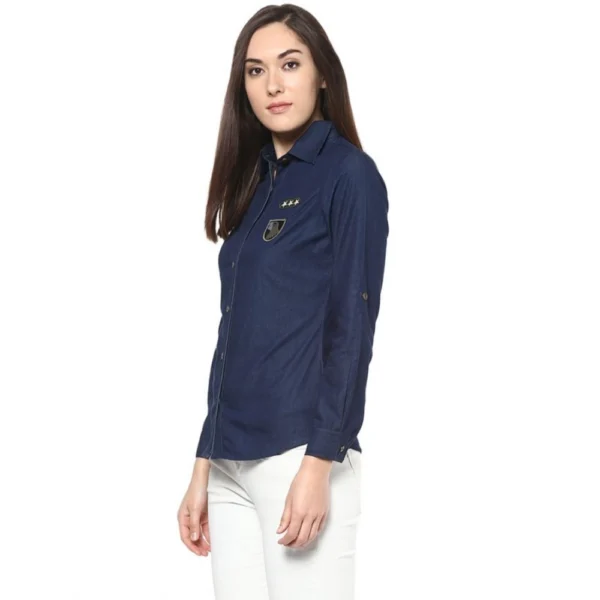 Women's Denim Patch Work Long Sleeves Standard Length Shirt (Blue) - Image 3