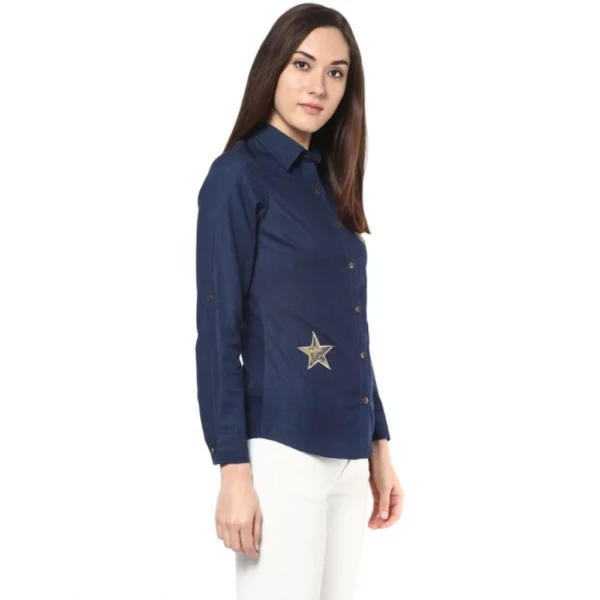 Women's Denim Patch Work Long Sleeves Standard Length Shirt (Blue) - Image 4