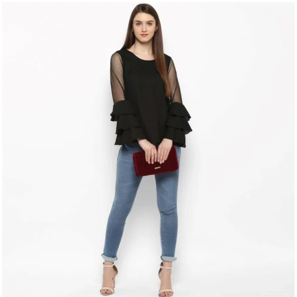 Women's Polyester Solid Tier Sleeve Top (Black) - Image 6