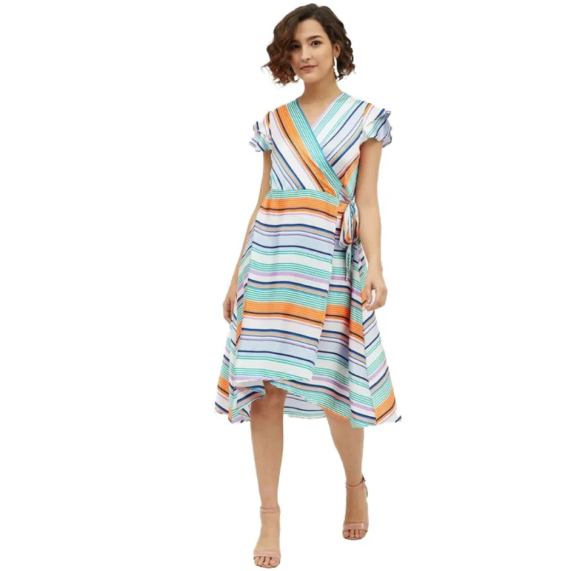 Women's Satin Striped Short Sleeve Knee-Length Dress (Multicolor)
